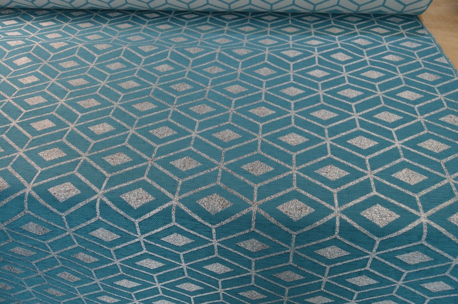 teal metallic silver chenille geometric diamond upholstery fabric - Image 3