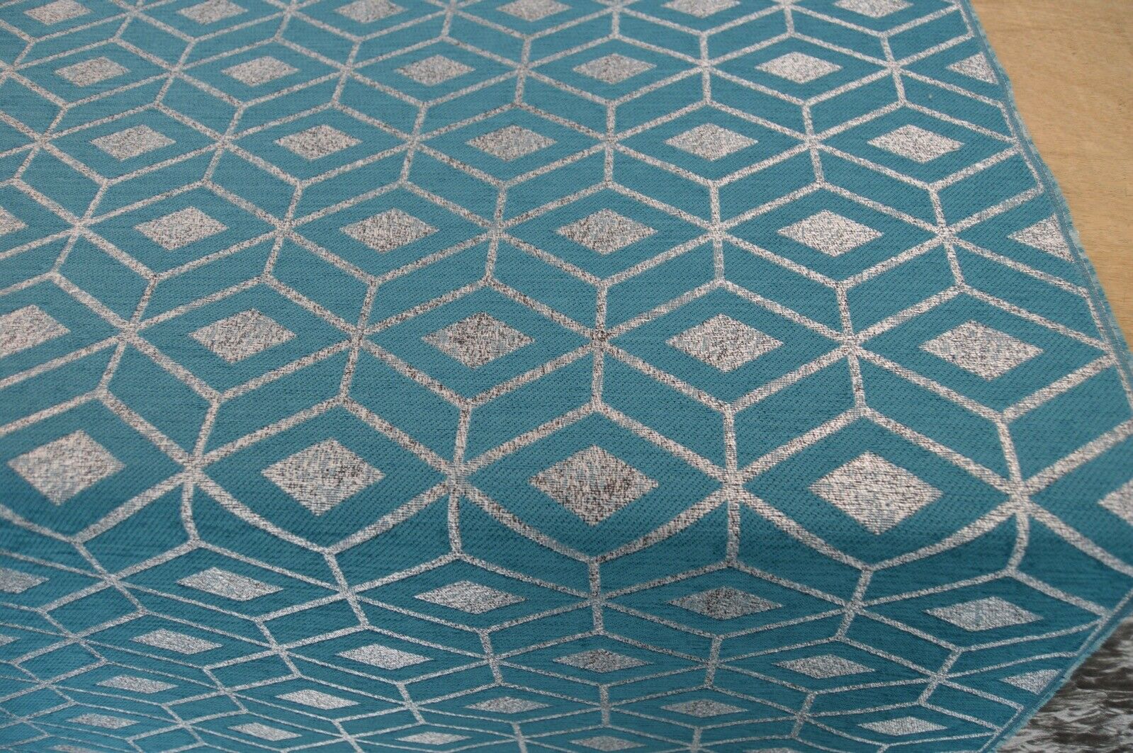 teal metallic silver chenille geometric diamond upholstery fabric - Image 4
