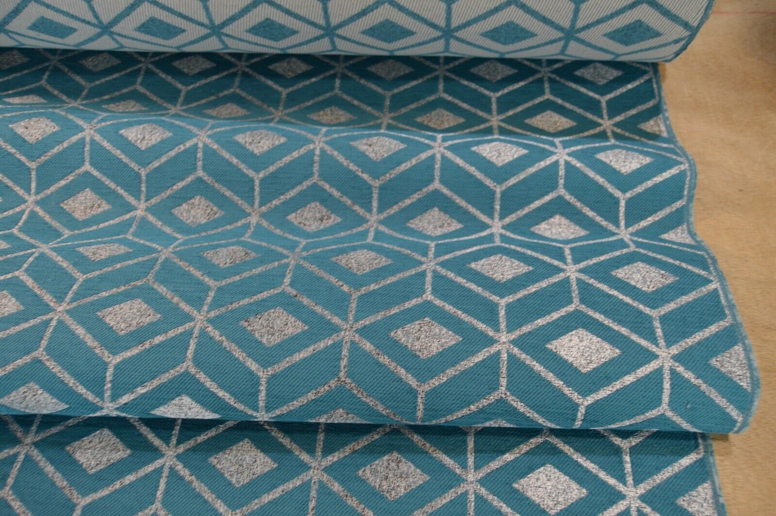 teal metallic silver chenille geometric diamond upholstery fabric - Image 6