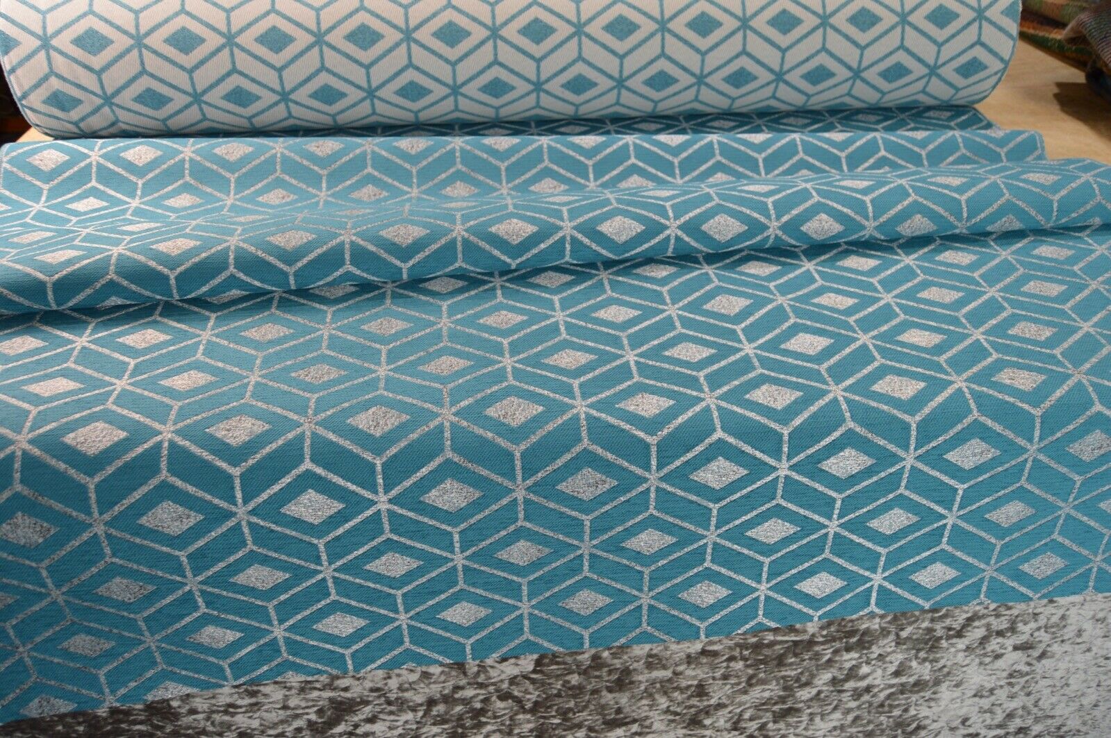 teal metallic silver chenille geometric diamond upholstery fabric - Image 7