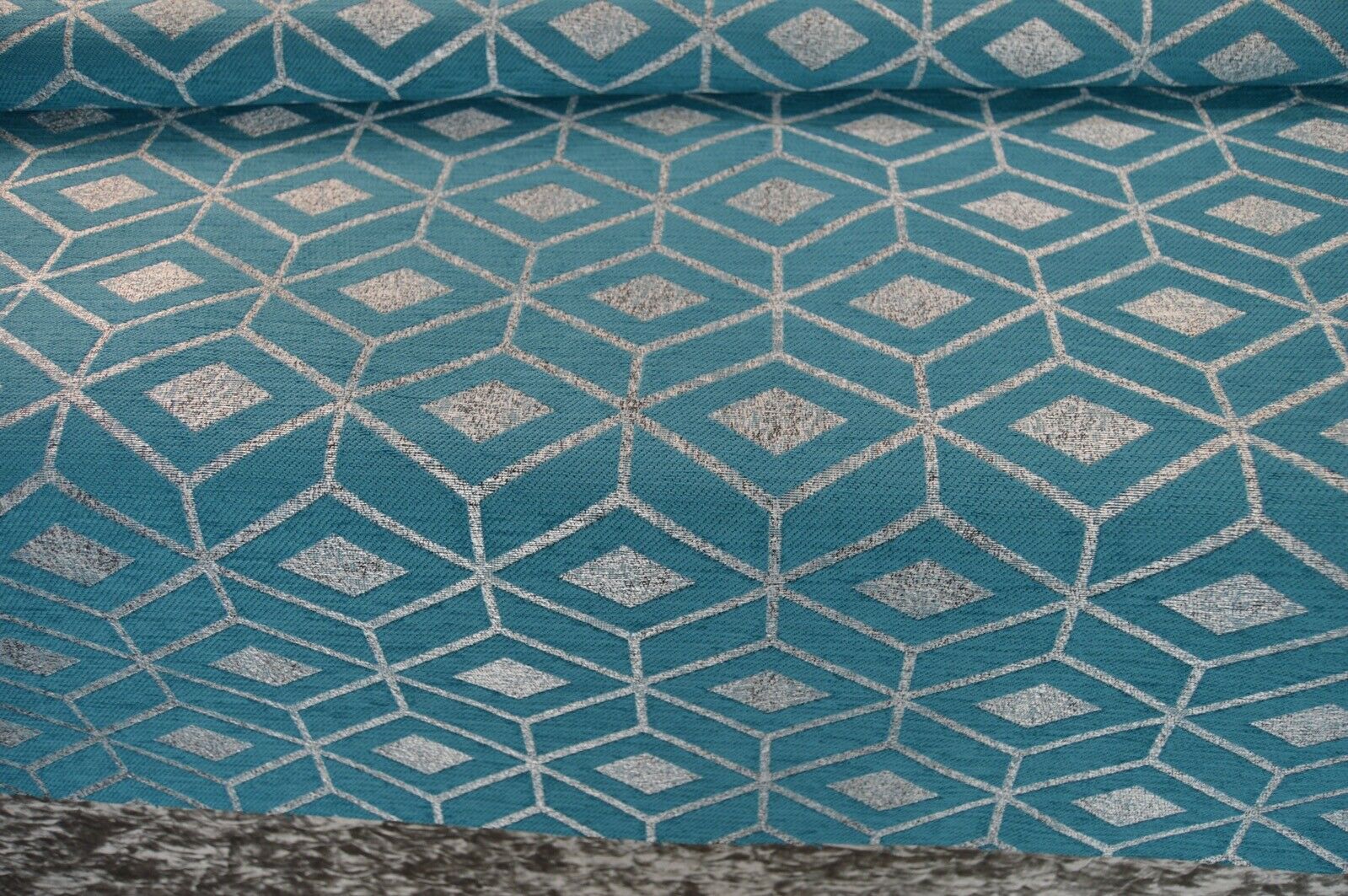teal metallic silver chenille geometric diamond upholstery fabric - Image 8