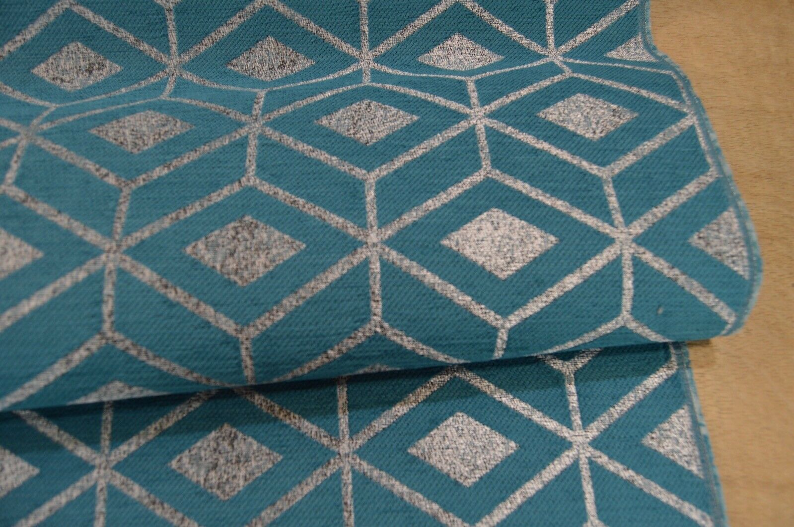 teal metallic silver chenille geometric diamond upholstery fabric - Image 9