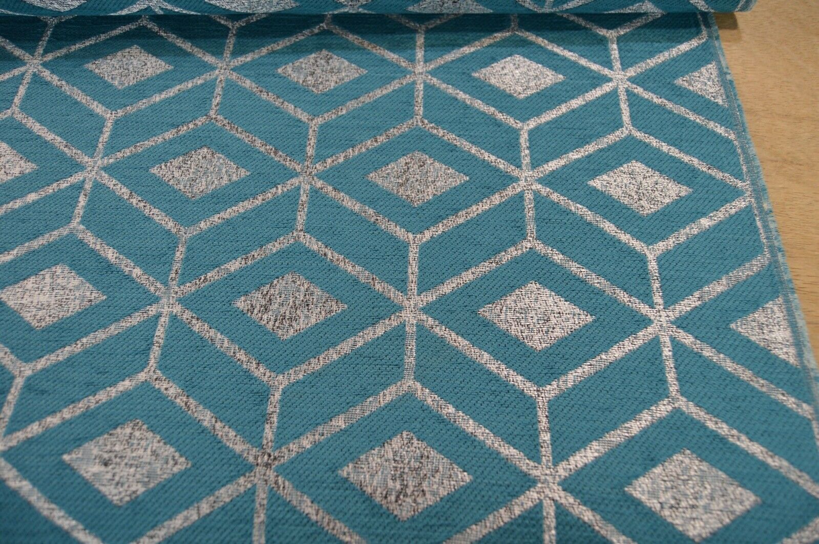teal metallic silver chenille geometric diamond upholstery fabric - Image 10