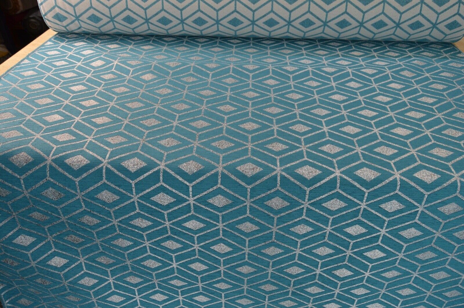 teal metallic silver chenille geometric diamond upholstery fabric