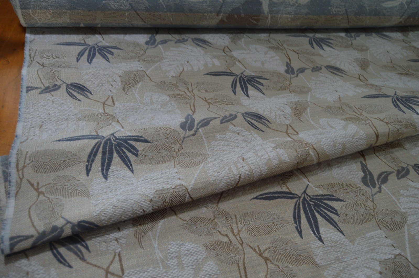 upholstery fabric grey blue beige mocha leaf foliage flat weave thick & robust - Image 6