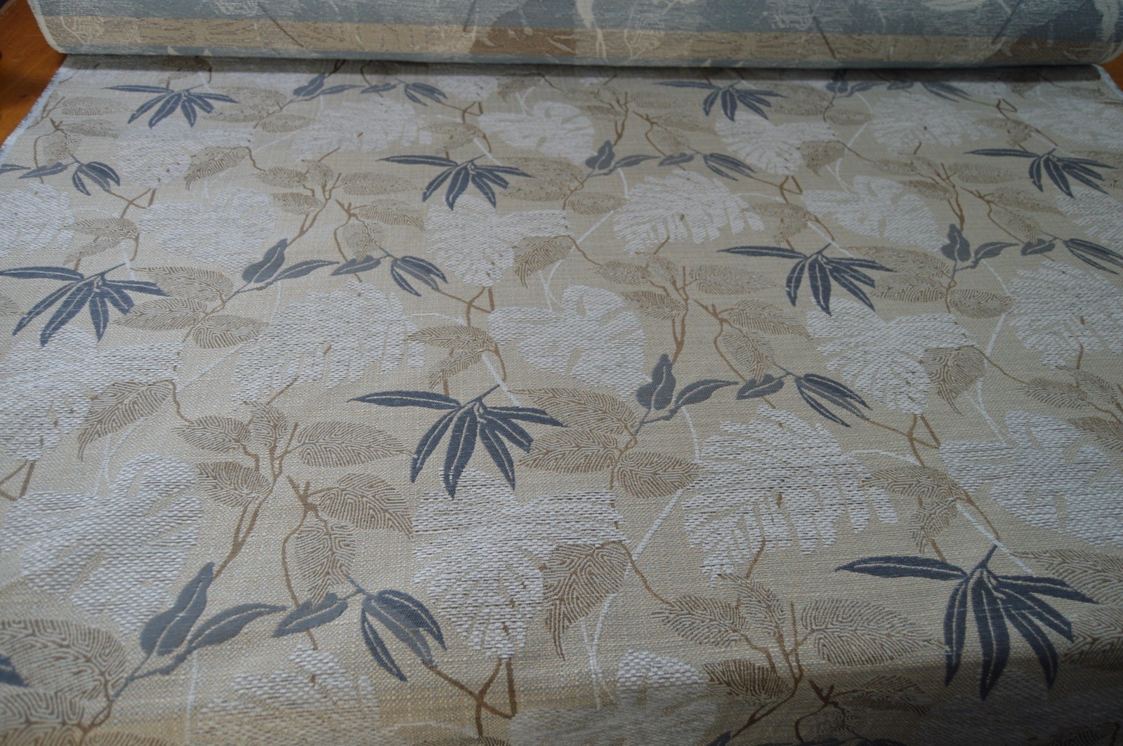 upholstery fabric grey blue beige mocha leaf foliage flat weave thick & robust