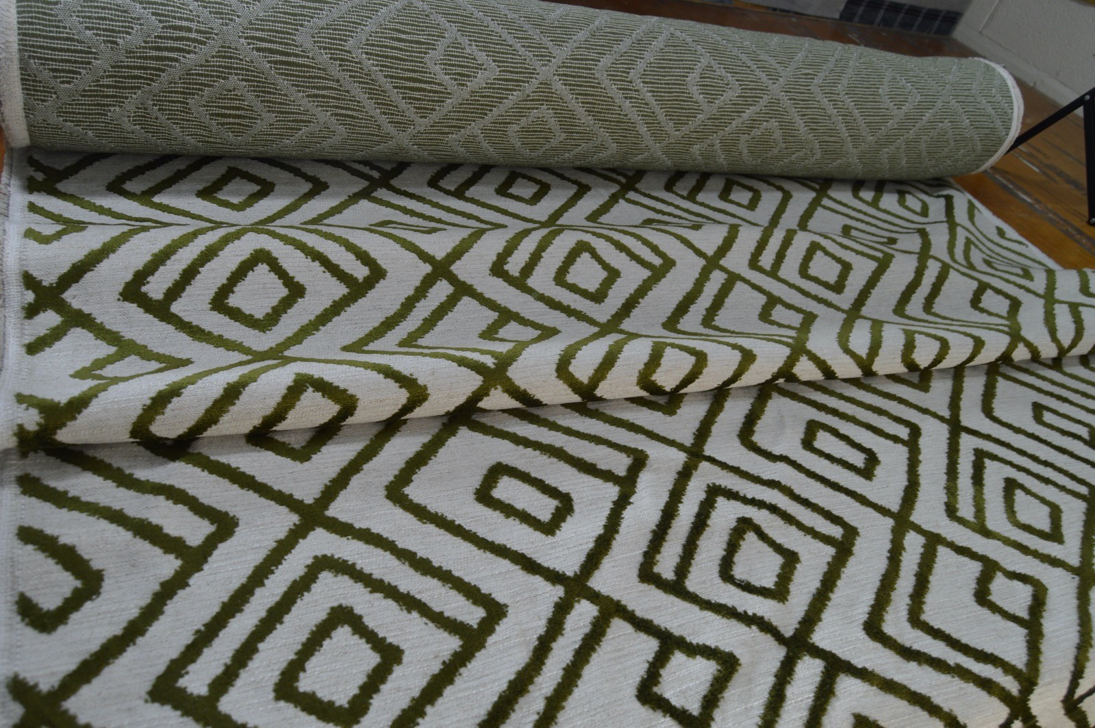 upholstery fabric embossed green geometric on cream linen style background - Image 3