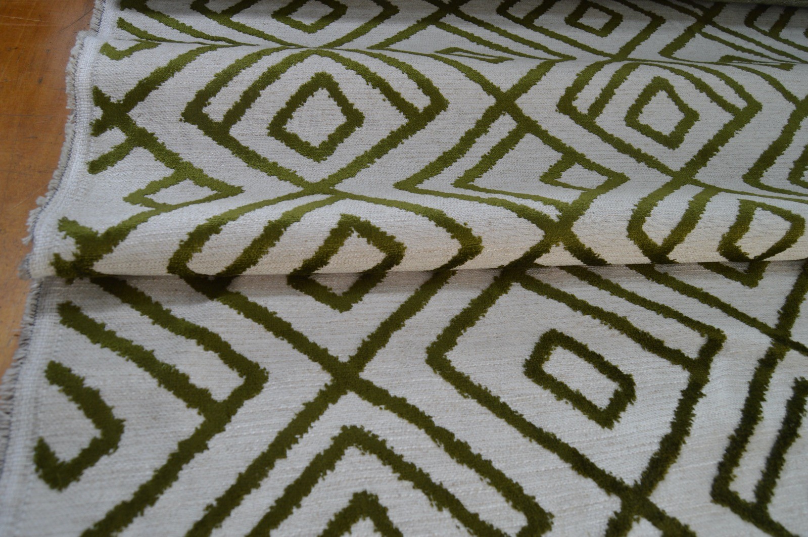 upholstery fabric embossed green geometric on cream linen style background - Image 4