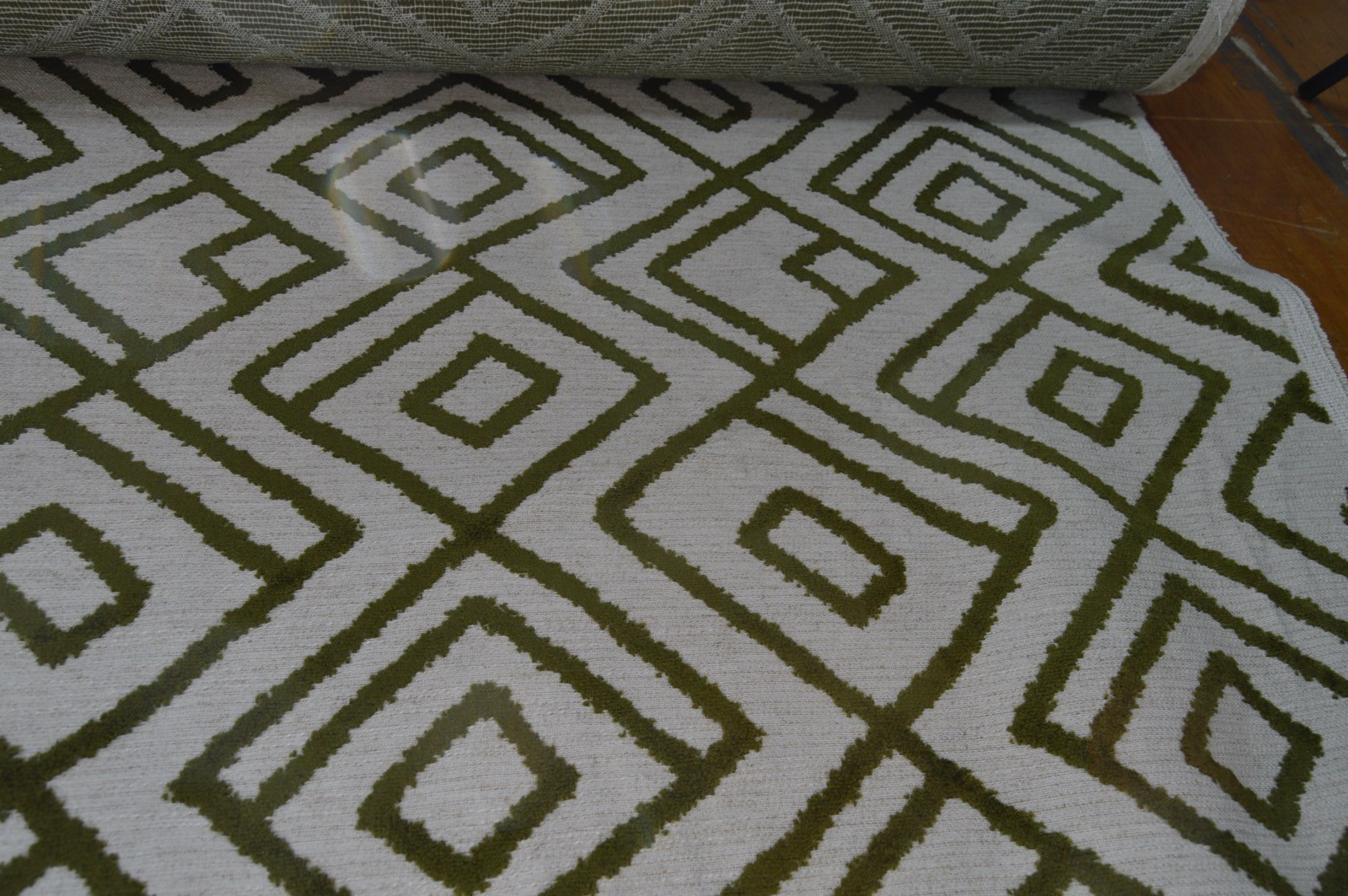 upholstery fabric embossed green geometric on cream linen style background - Image 5