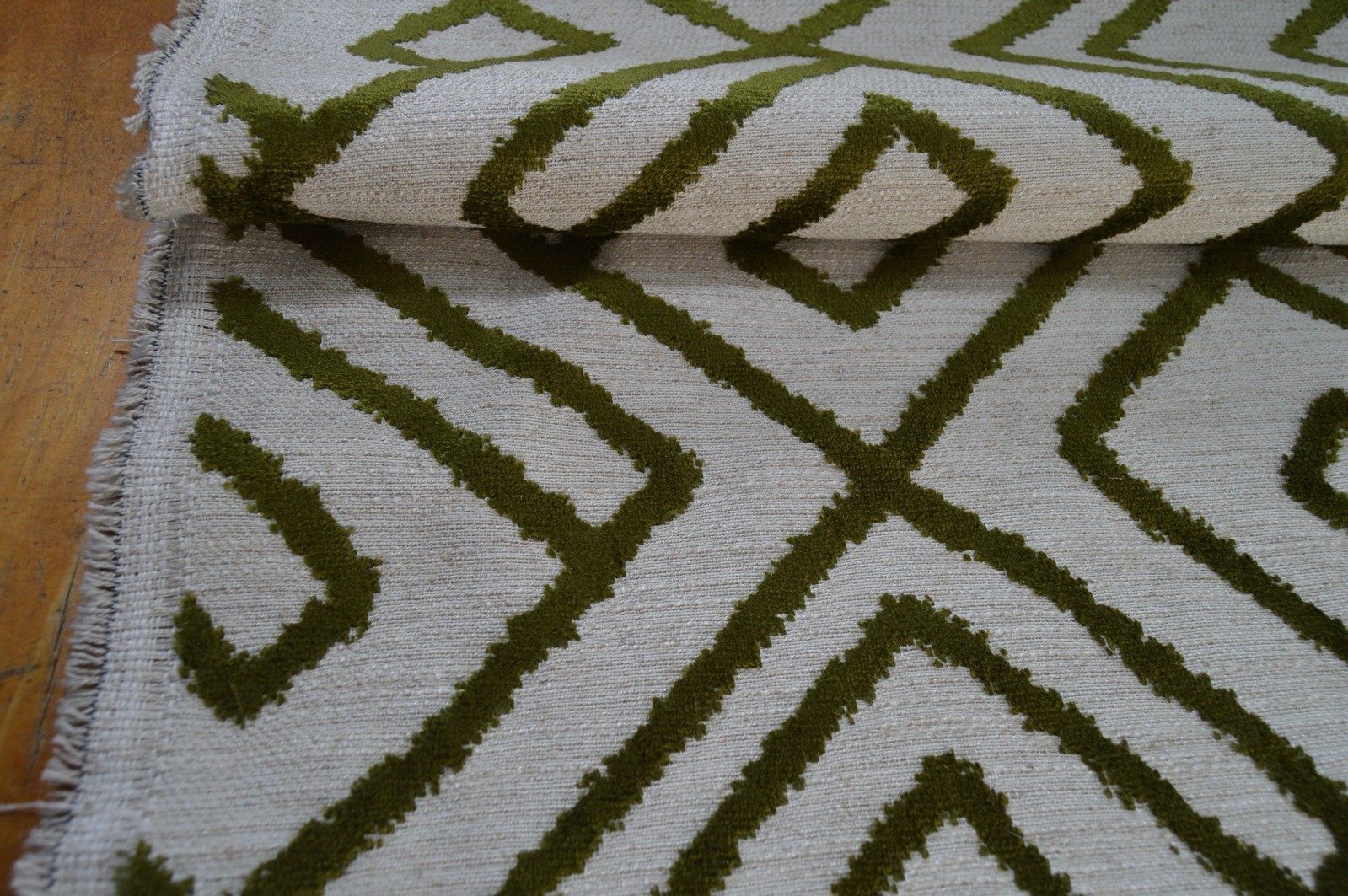 upholstery fabric embossed green geometric on cream linen style background - Image 6