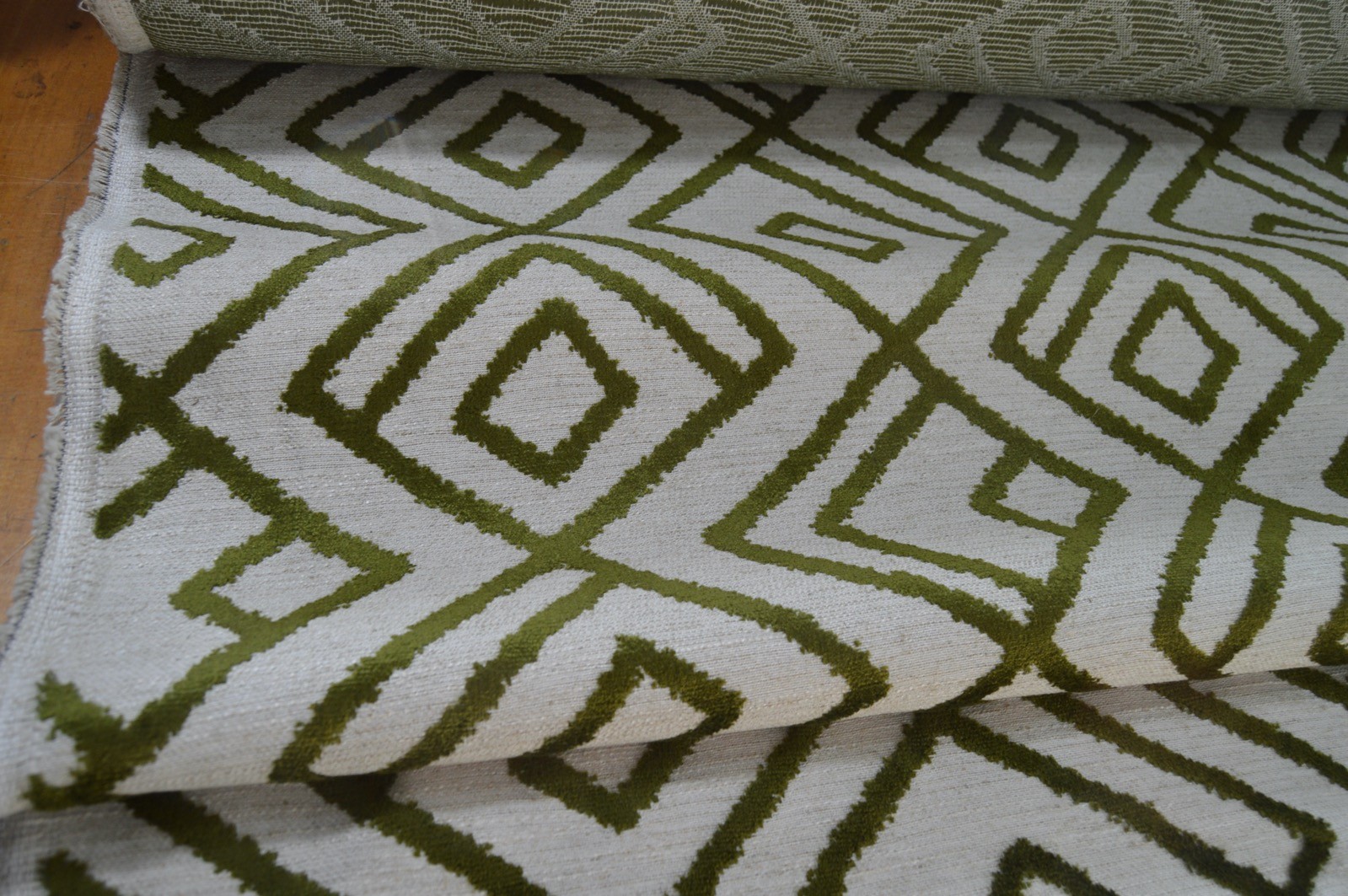 upholstery fabric embossed green geometric on cream linen style background - Image 7