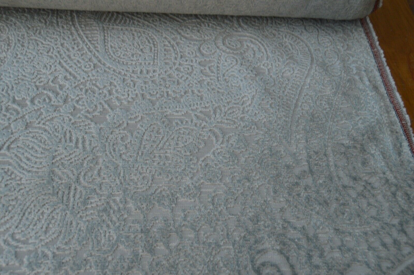 upholstery fabric embossed paisley deisgn duck egg /silver robust ideal for sofa - Image 4