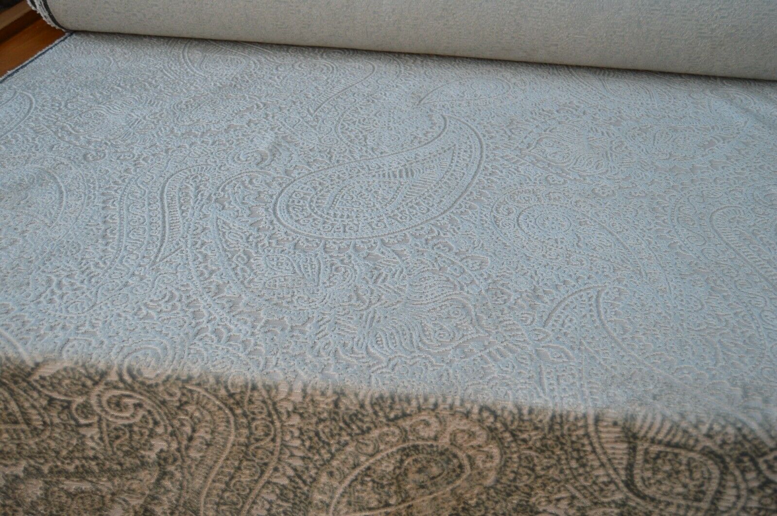 upholstery fabric embossed paisley deisgn duck egg /silver robust ideal for sofa - Image 7