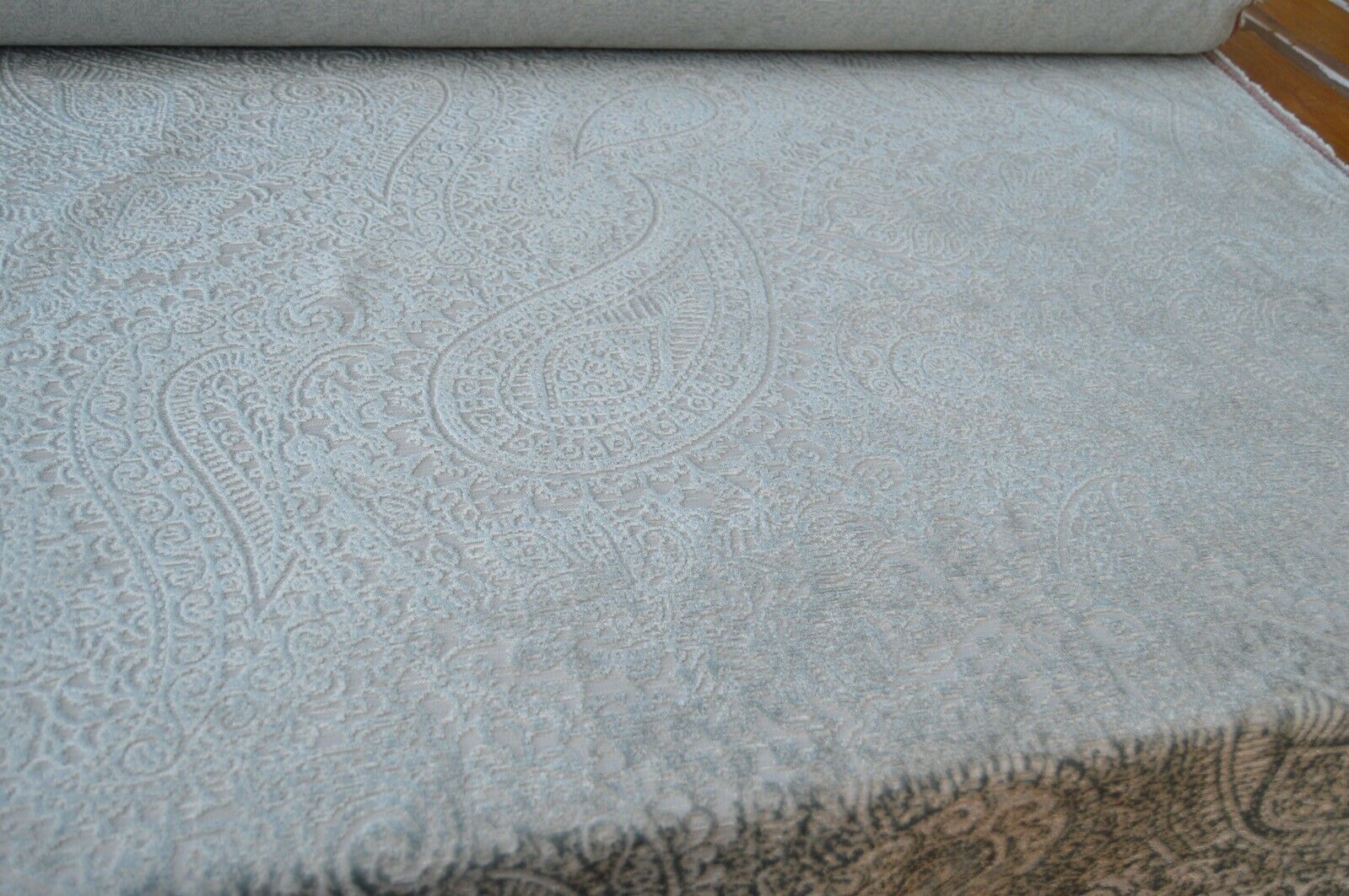 upholstery fabric embossed paisley deisgn duck egg /silver robust ideal for sofa - Image 8