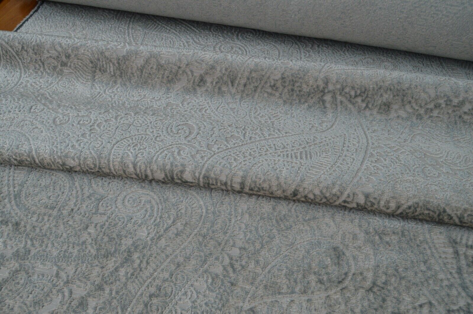 upholstery fabric embossed paisley deisgn duck egg /silver robust ideal for sofa