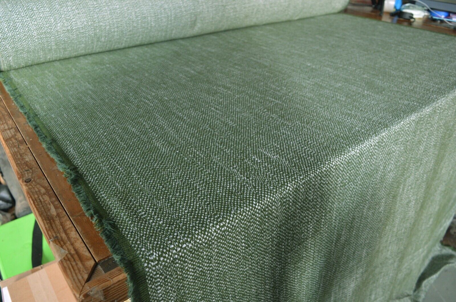 upholstery fabric forest green and cream fleck chenille weave robust durable - Image 4