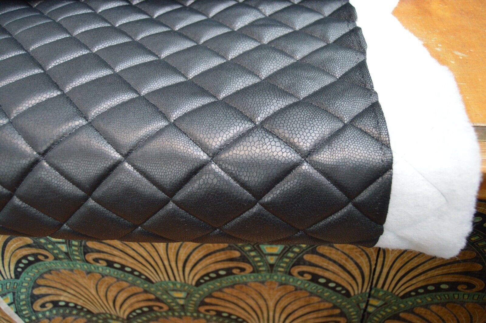 black wadded quilted diamond SNAKE faux leather upholstery fabric 4 METRE PIECE - Image 3