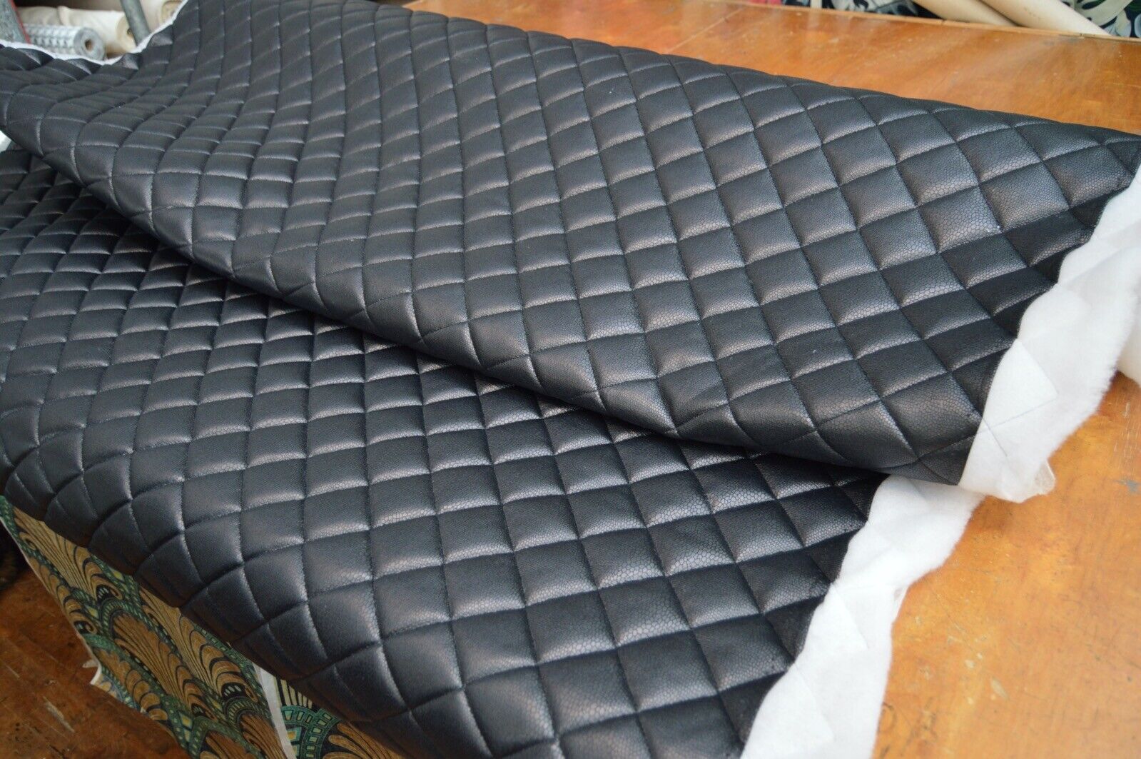 black wadded quilted diamond SNAKE faux leather upholstery fabric 4 METRE PIECE - Image 5