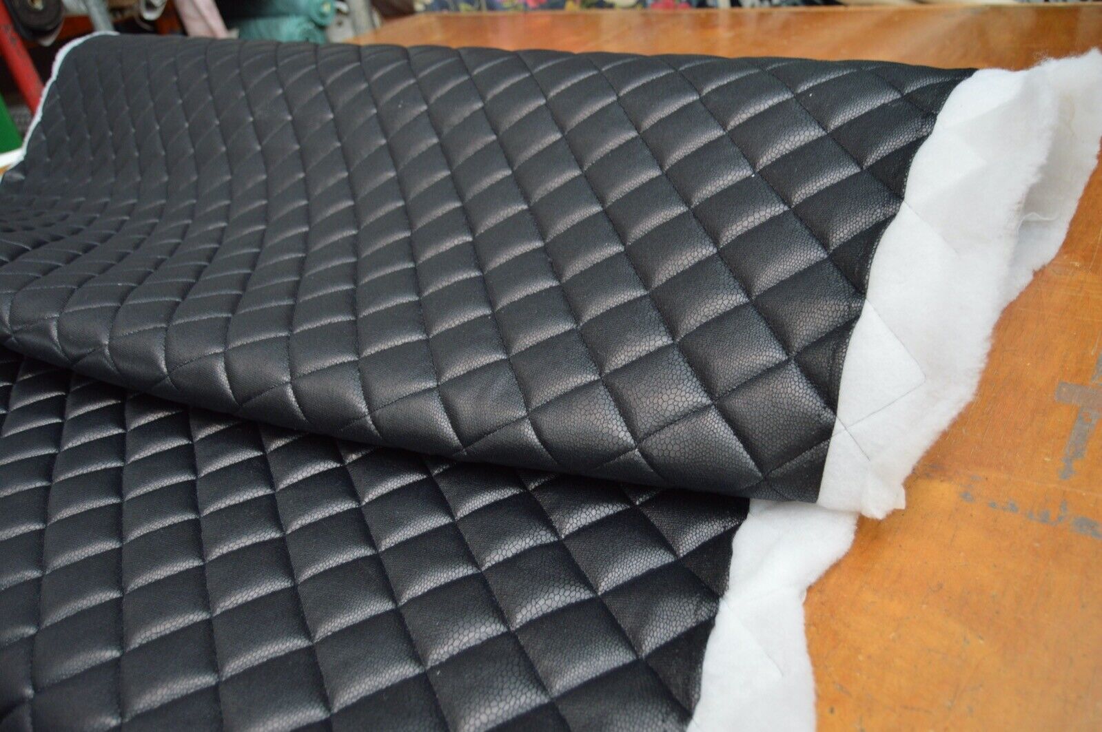 black wadded quilted diamond SNAKE faux leather upholstery fabric 4 METRE PIECE - Image 6
