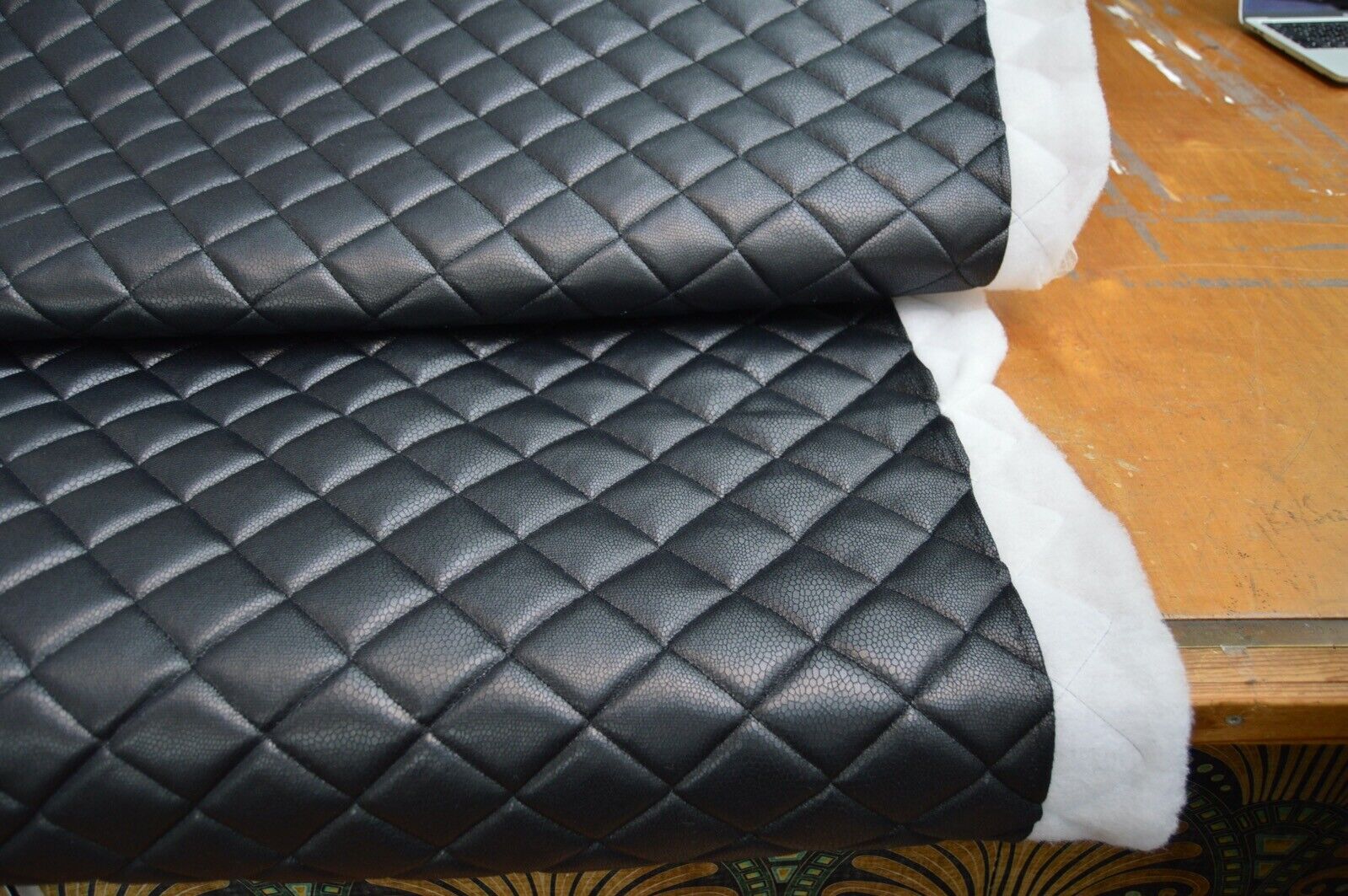 black wadded quilted diamond SNAKE faux leather upholstery fabric 4 METRE PIECE
