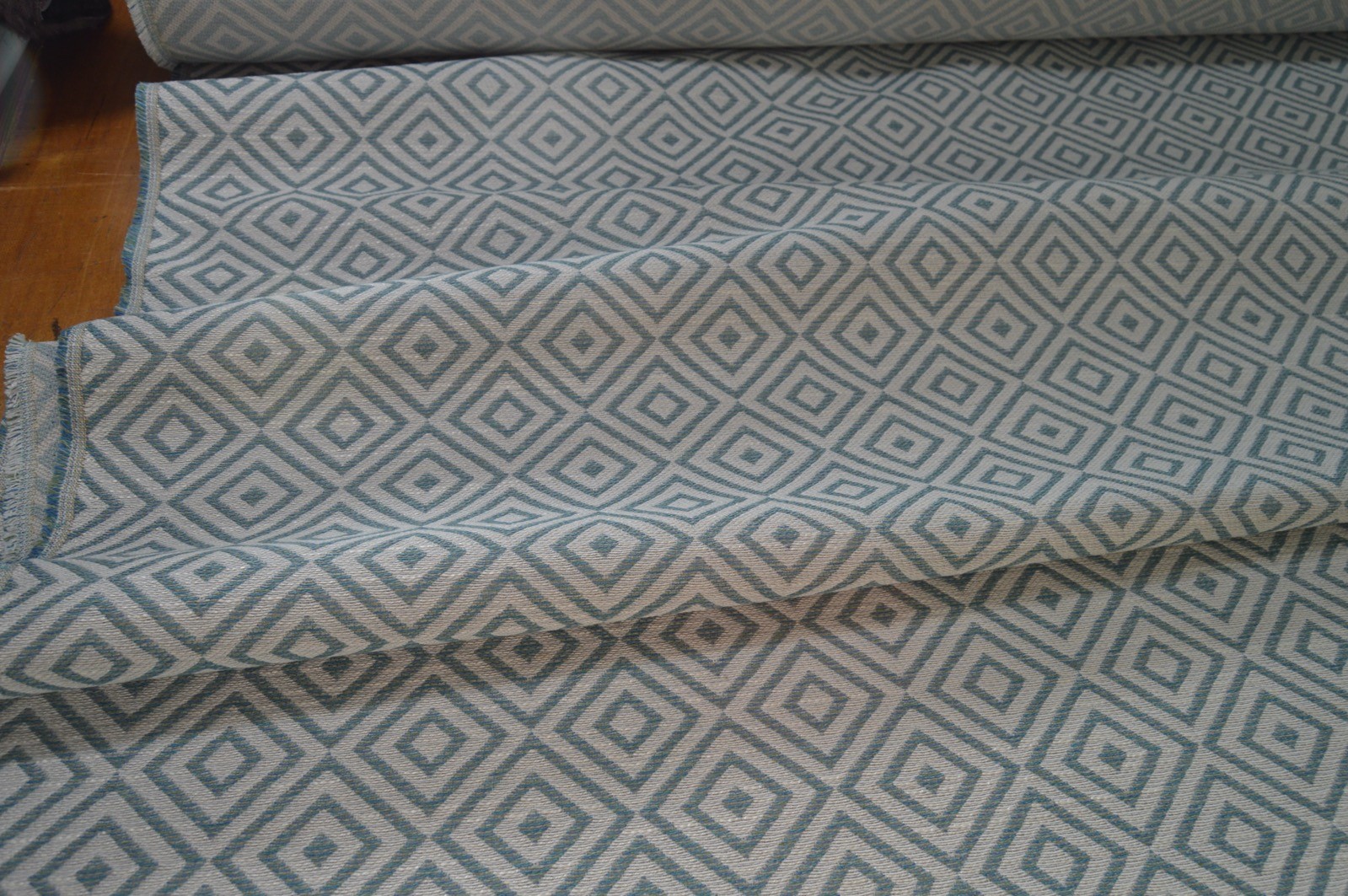 upholstery fabric duck egg cream geometric flat weave thick & robust