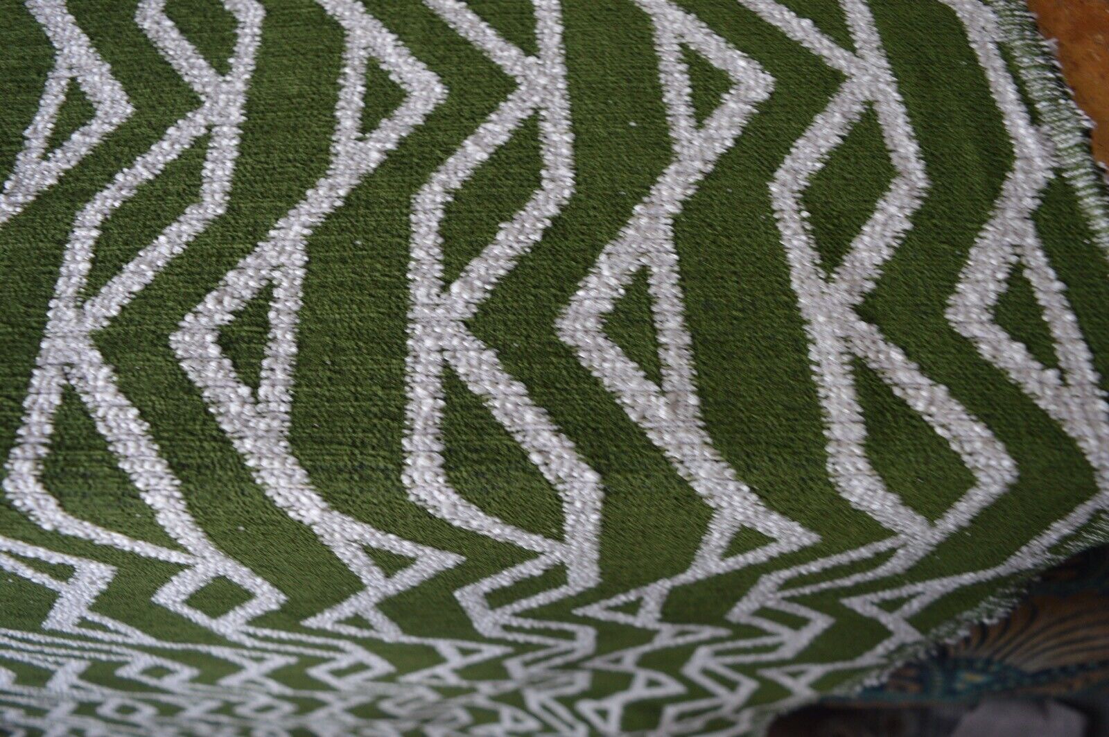 upholstery fabric green cream geometric soft feel chenille weave robust durable - Image 3