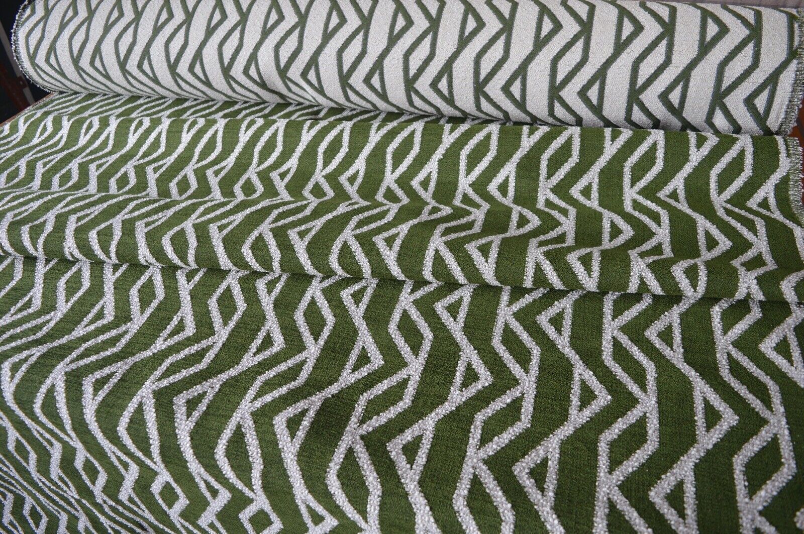 upholstery fabric green cream geometric soft feel chenille weave robust durable - Image 4