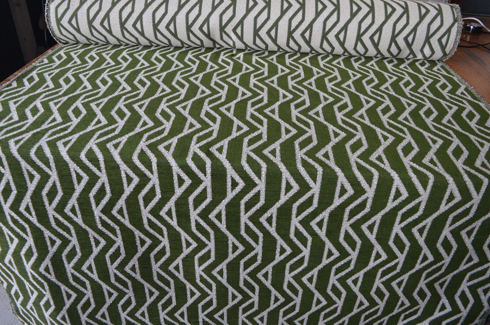 upholstery fabric green cream geometric soft feel chenille weave robust durable