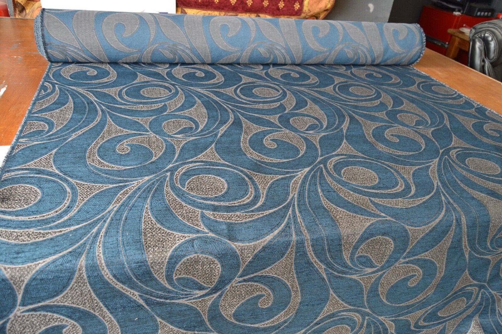 upholstery fabric blue grey charcoal shades geometric chenille robust