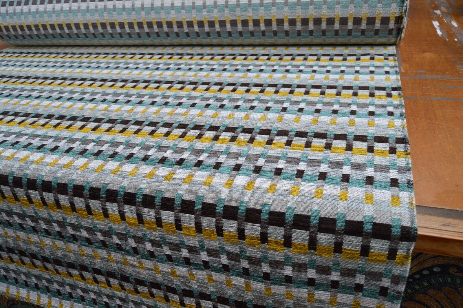 upholstery fabric chenille mustard multicolourd geometric design soft robust