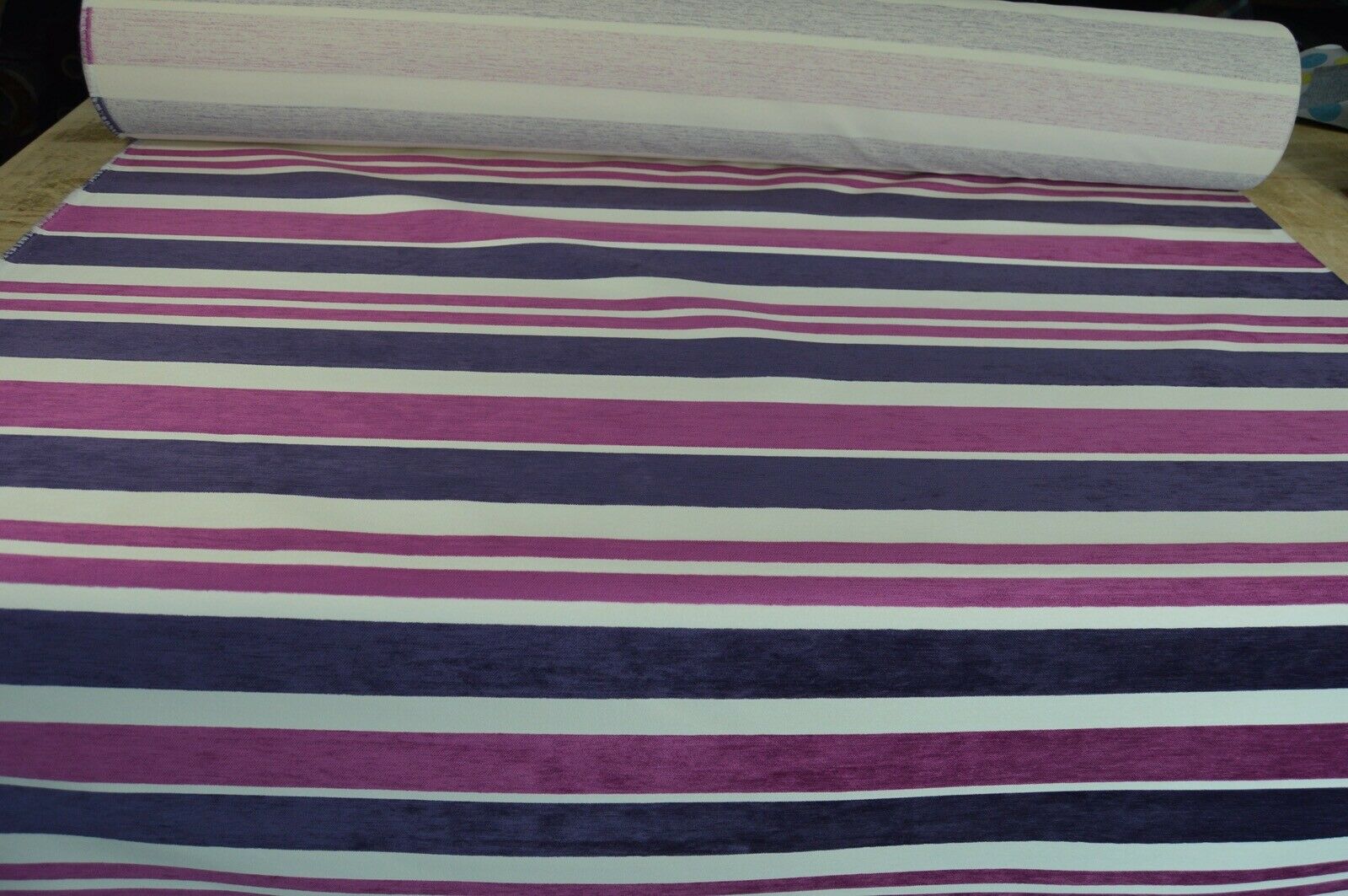 fabric upholstery purple pink cream chenille stripe robust durable