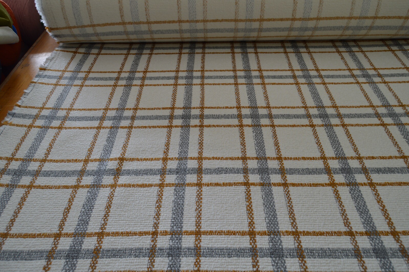 upholstery fabric cream grey mustard checked textured weave robust - Image 3