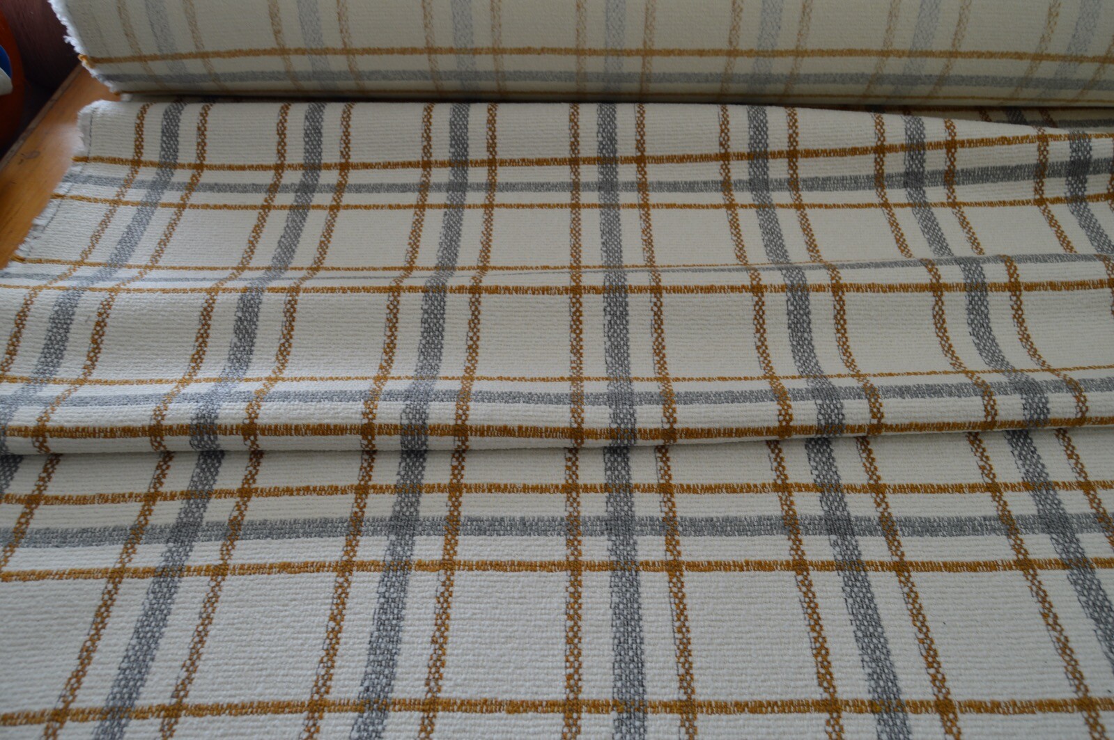 upholstery fabric cream grey mustard checked textured weave robust - Image 4
