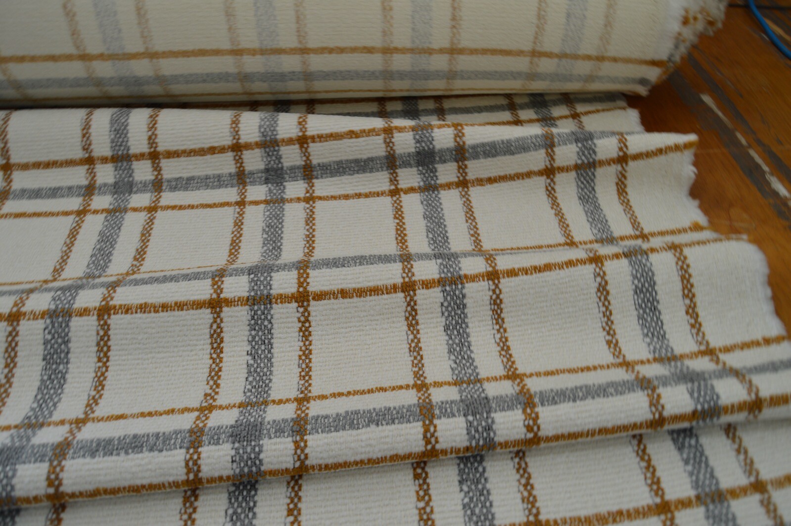 upholstery fabric cream grey mustard checked textured weave robust - Image 5