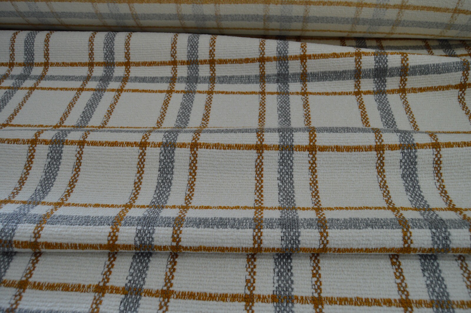 upholstery fabric cream grey mustard checked textured weave robust - Image 6