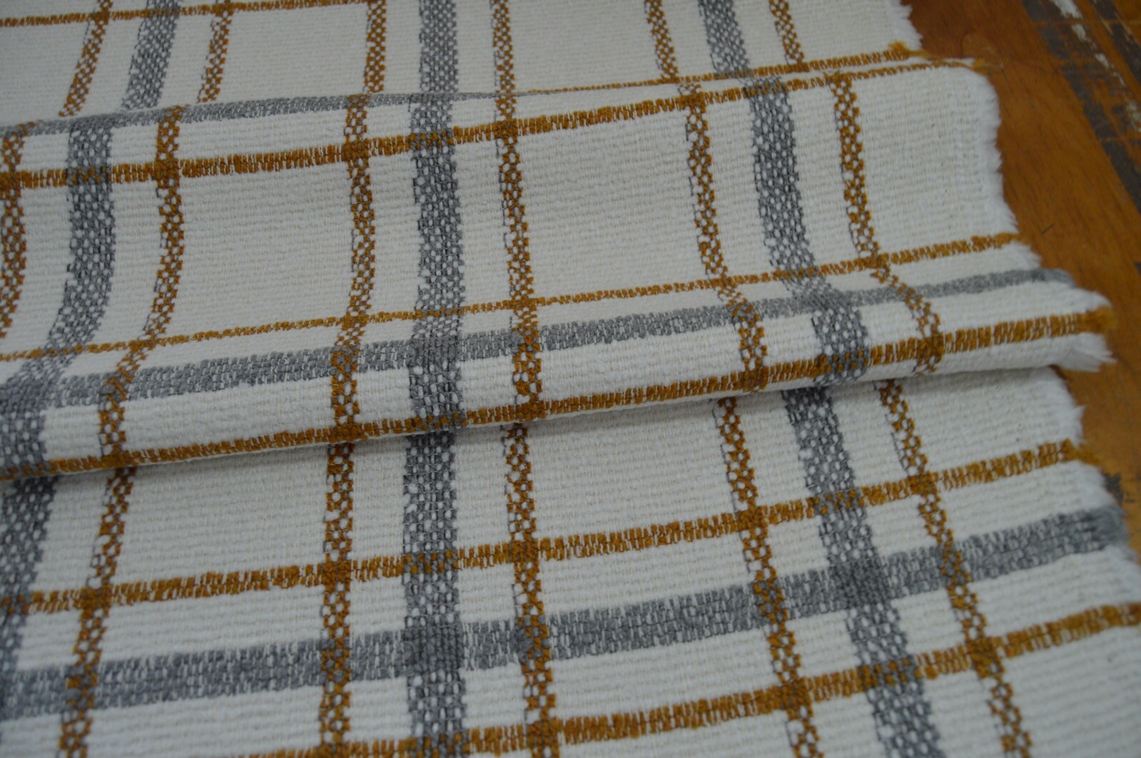 upholstery fabric cream grey mustard checked textured weave robust - Image 7