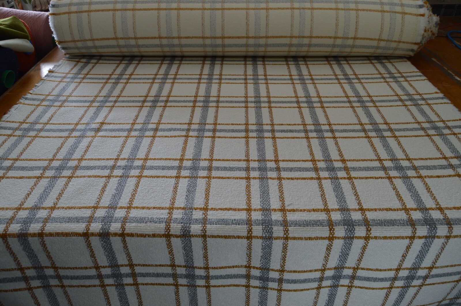 upholstery fabric cream grey mustard checked textured weave robust