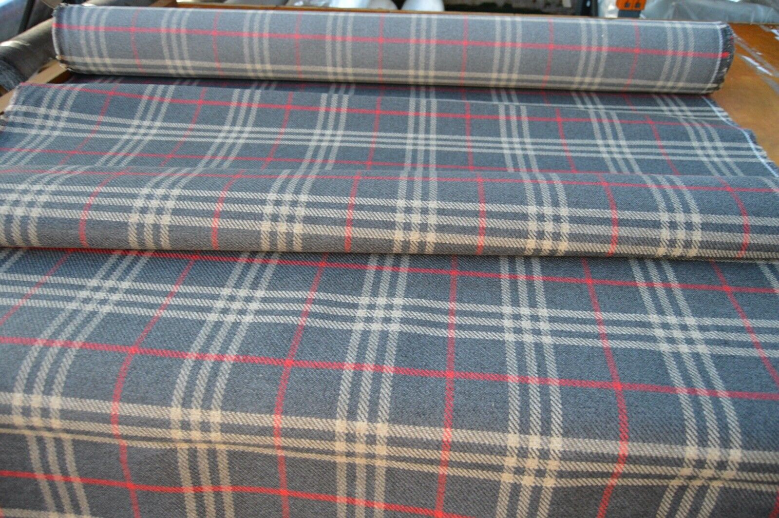 upholstery fabric grey red beige tartan check wool effect look robust durable - Image 8