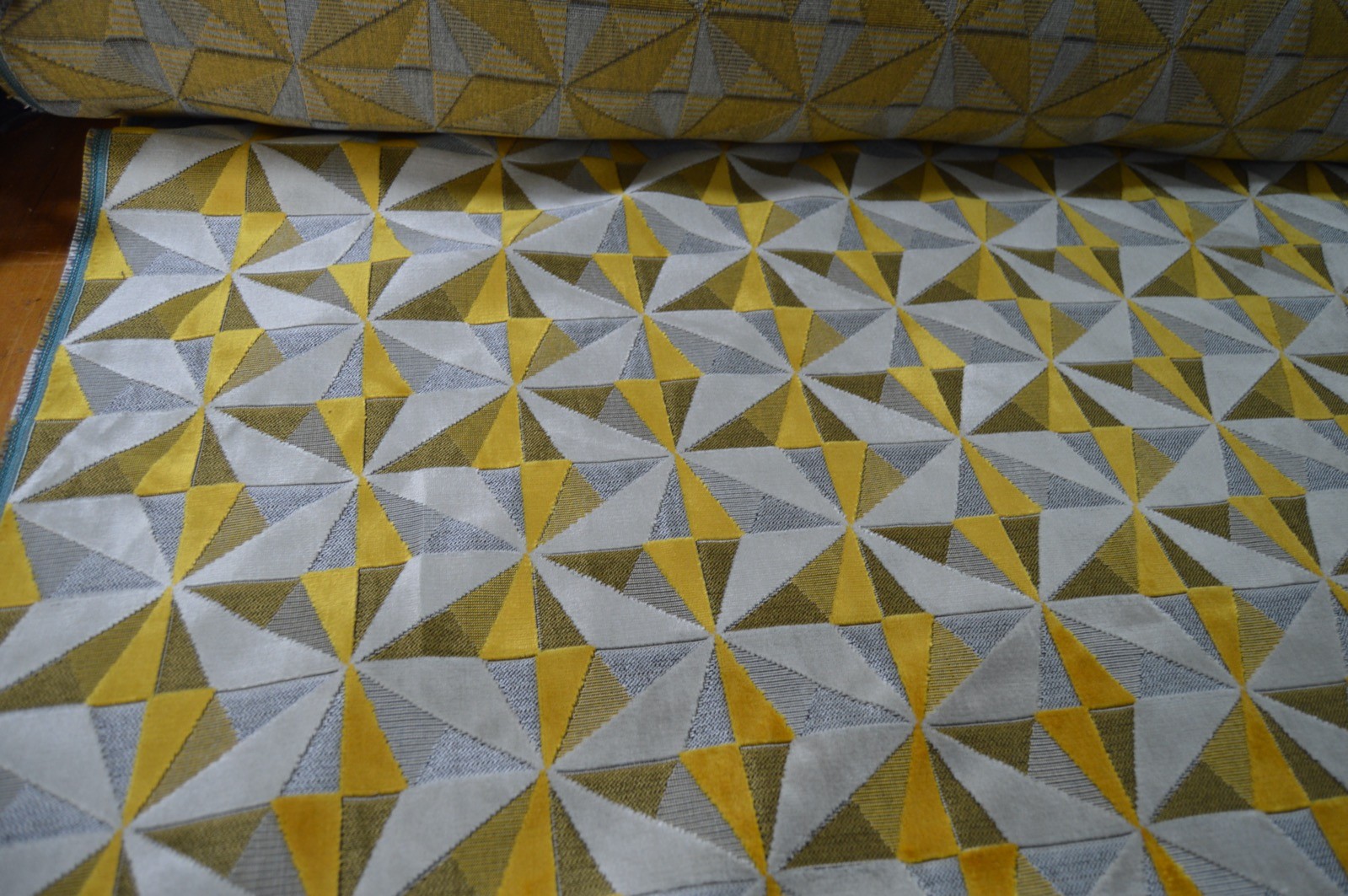 upholstery fabric embossed velvet geometric silver mustard thick robust - Image 3