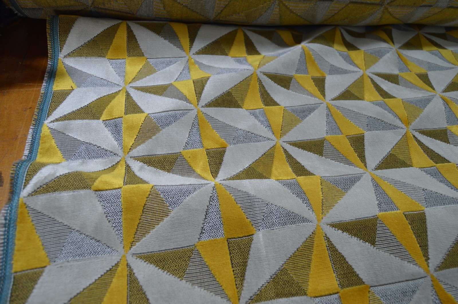 upholstery fabric embossed velvet geometric silver mustard thick robust - Image 7