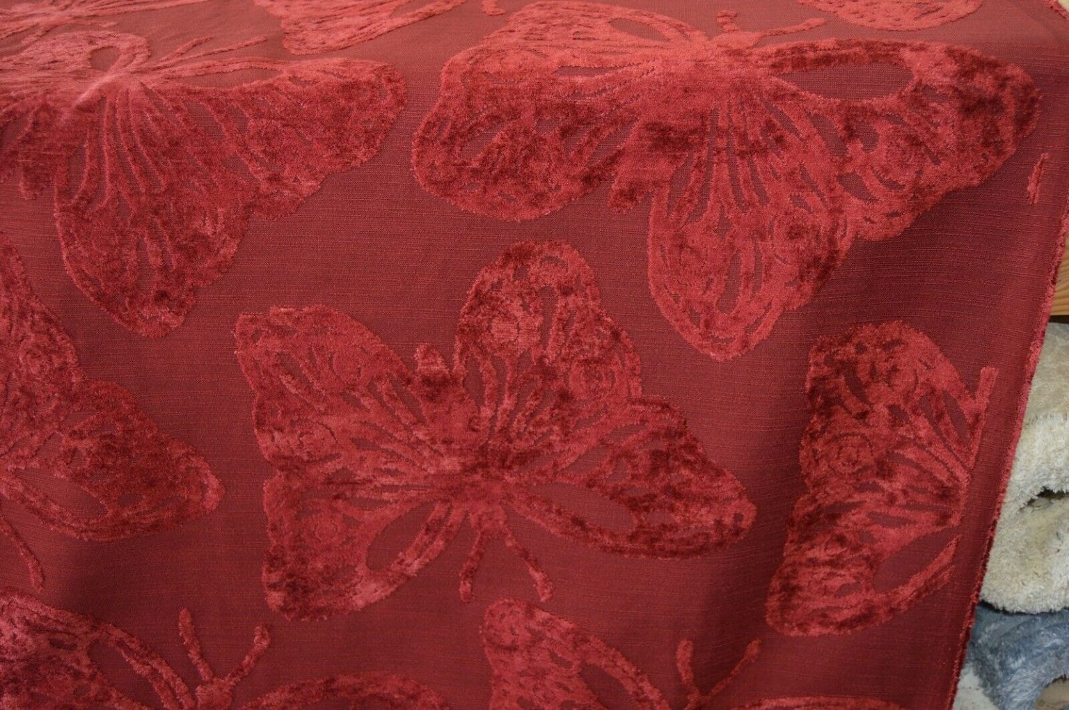 red upholstery fabric embossed chenille butterfly robust durable