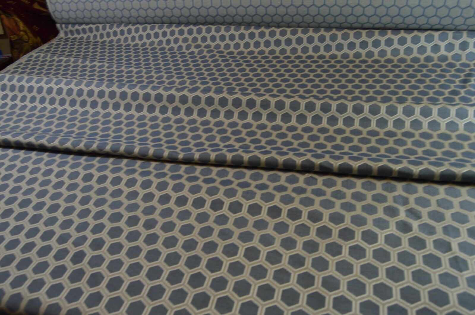 upholstery fabric blue silver honey comb design flat weave material robust - Image 4