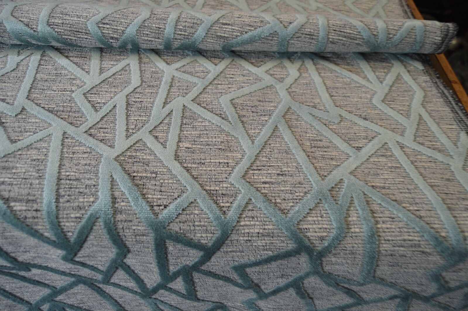 upholstery fabric embossed duck egg velvet geometric grey silver chenille robust - Image 6